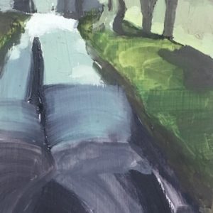 an abstracted painting of a path with a wall on the right